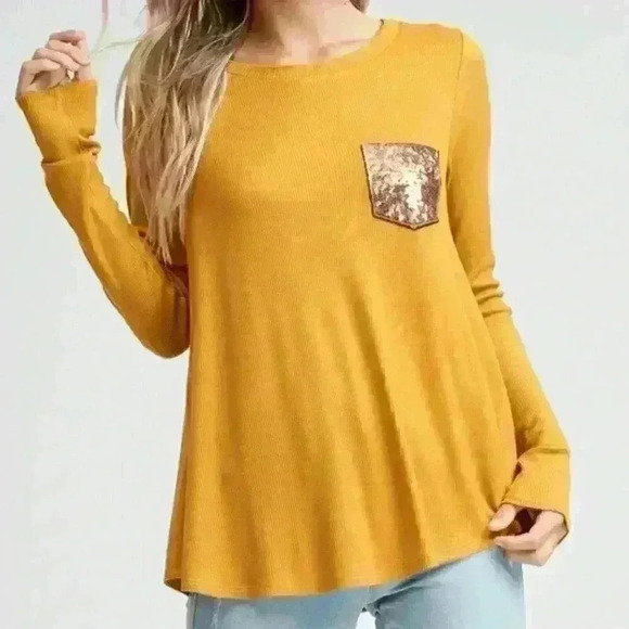 white birch Tops - 9. Mustard Thermal Top with Sequin Pocket and‎ Buttons